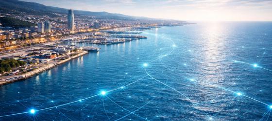 distant image of a port, in the sea graphic images of interconnecting connections