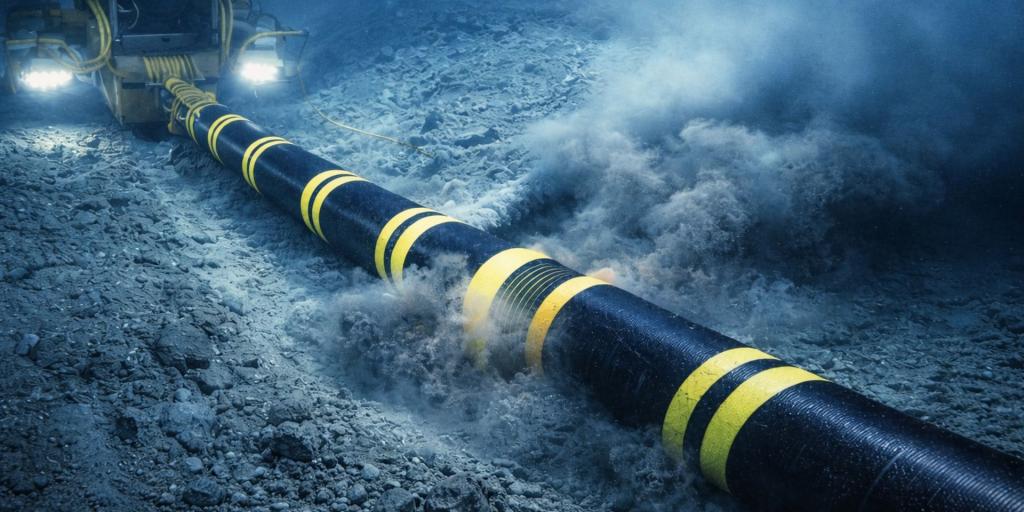 Subsea cable installation at the shoreline, with an excavator and workers guiding a black-and-yellow cable toward an offshore vessel, while an underwater trenching machine buries the cable on the seabed